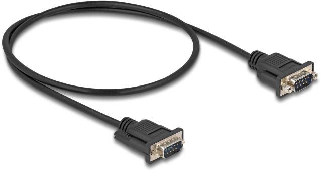 Un câble VGA noir avec deux fiches, connecté et posé sur un fond clair, est représenté.