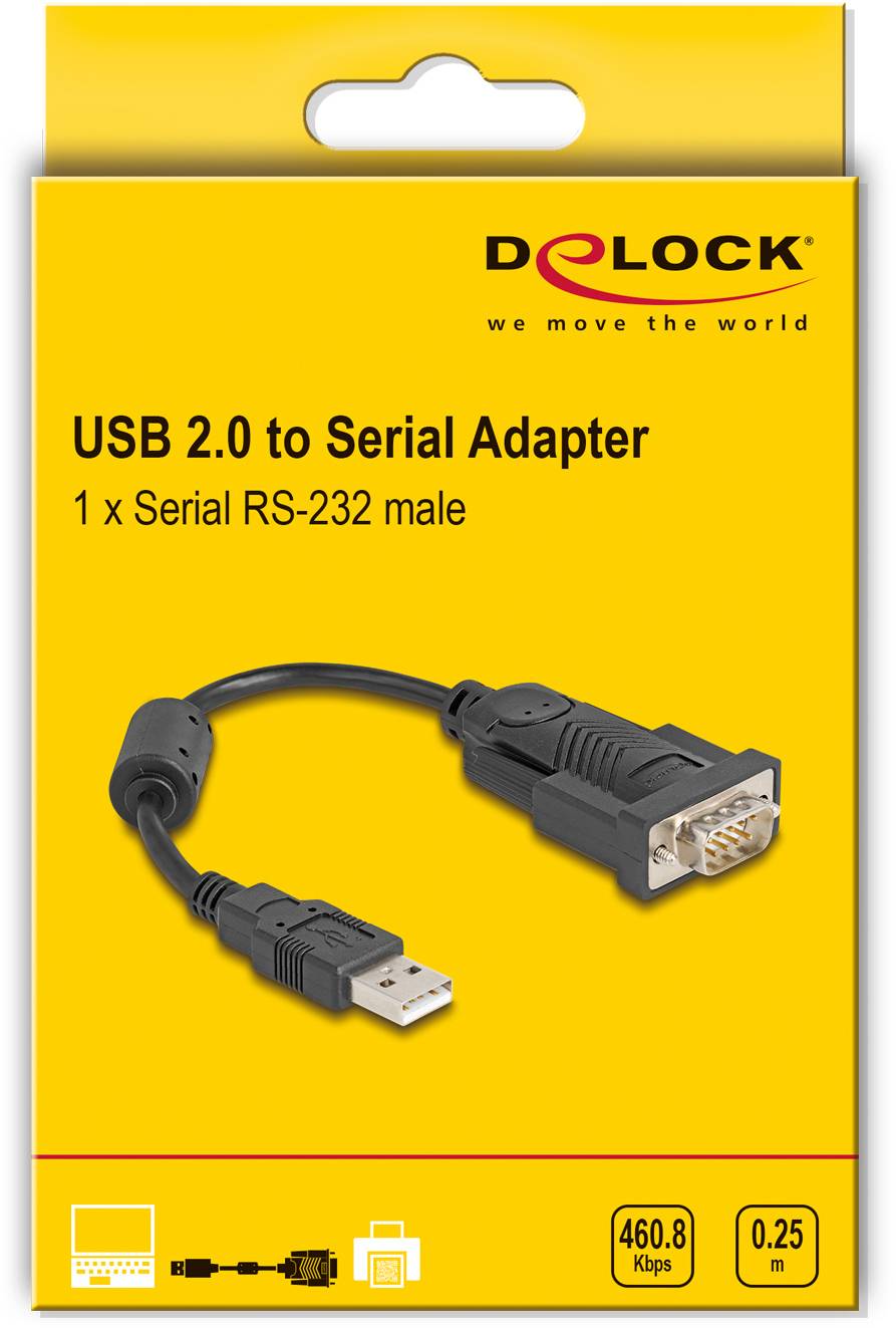 Emballage jaune d'un adaptateur 'USB 2.0 vers Série', 1 x Serial RS-232 mâle, marque Delock. Adaptateur et spécifications visibles.