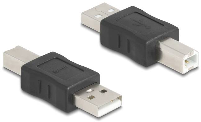 Deux adaptateurs USB, l'un avec un port USB-A et l'autre avec un port USB-B, sur un fond blanc.