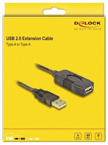 'Câble d'extension USB 2.0, Type A vers Type A, 5 mètres, noir. Adapté pour le transfert de données jusqu'à 480 Mbps.'