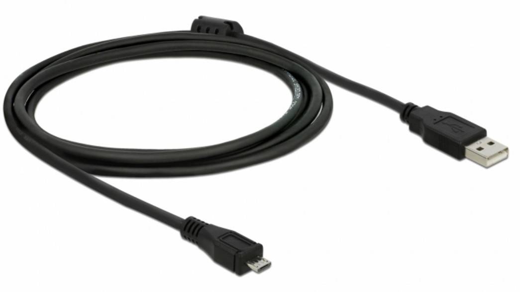 Câble USB noir avec connecteur USB-A standard d'un côté et connecteur Micro-USB-B de l'autre. Adapté pour le chargement et le transfert de données.