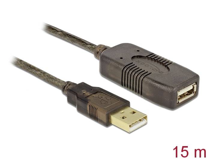 Un câble d'extension USB d'une longueur de 15 mètres. À gauche, la fiche USB mâle, à droite, la prise USB femelle.