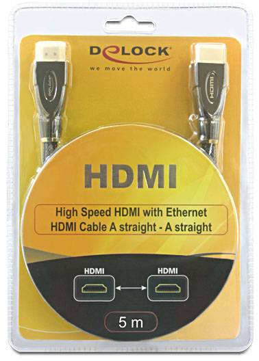 Emballage d'un câble HDMI de 5 m de DeLock ; 'High Speed HDMI with Ethernet', illustration de fiches HDMI et du logo HDMI à deux reprises.