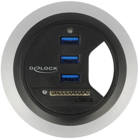 Connexion de table ronde avec ports USB et lecteur de cartes, comprenant trois ports USB, HDMI et un lecteur de cartes, idéal pour le travail de bureau.