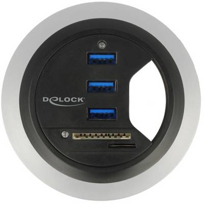 Connexion de table ronde avec ports USB et lecteur de cartes, comprenant trois ports USB, HDMI et un lecteur de cartes, idéal pour le travail de bureau.
