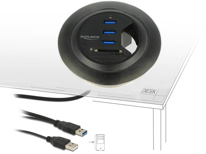 Hub USB de bureau 'DELOCK' avec passage de câble latéral. Options de connexion : 3x USB 3.0. L'illustration montre le câble USB et l'appareil.
