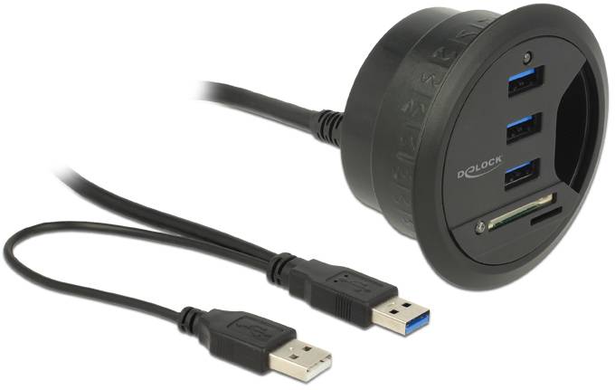 Hub USB avec trois ports USB et lecteur de carte SD, noir. Deux câbles USB connectés. Idéal pour le transfert de données.