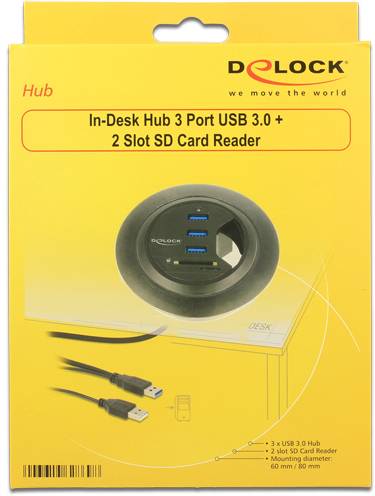 Un emballage contenant un 'Hub de bureau' de DELOCK, avec 3 ports USB 3.0, 2 emplacements pour cartes SD. Le hub est illustré installé dans un bureau.