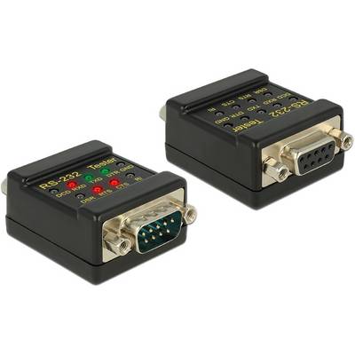 Deux testeurs RS-232 avec des voyants LED pour les fonctions de signal. À gauche : fiche mâle ; à droite : fiche femelle. Trois LED chacun en haut.