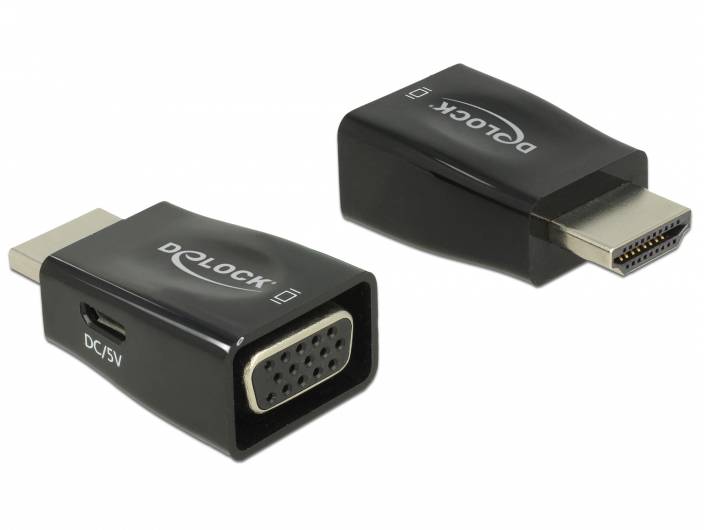 Adaptateur noir de HDMI vers VGA, alimentation par port USB, compact, nom de marque sur la surface.