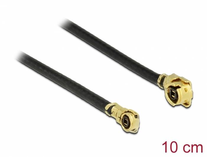 'Deux fiches coaxiales dorées reliées par un câble noir de 10 cm de long.'
