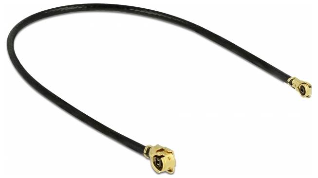 Un câble coaxial noir avec des connecteurs dorés aux deux extrémités, adapté aux connexions d'antenne ou de câble.