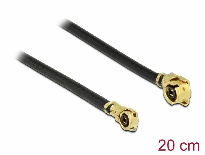Deux câbles coaxiaux munis chacun d'un connecteur doré à angle droit. '20 cm' est indiqué en bas à droite.