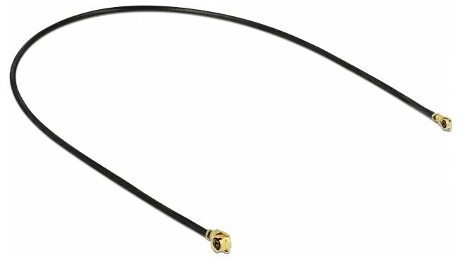 Un câble noir avec des connecteurs dorés à chaque extrémité, formant un léger arc. Adapté pour les connexions électroniques.