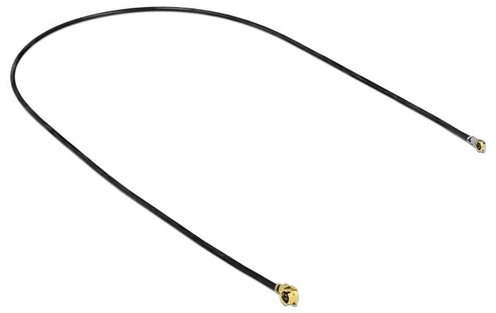 Câble noir avec embouts dorés aux deux extrémités, légèrement courbé. Principalement utilisé pour les connexions électroniques.
