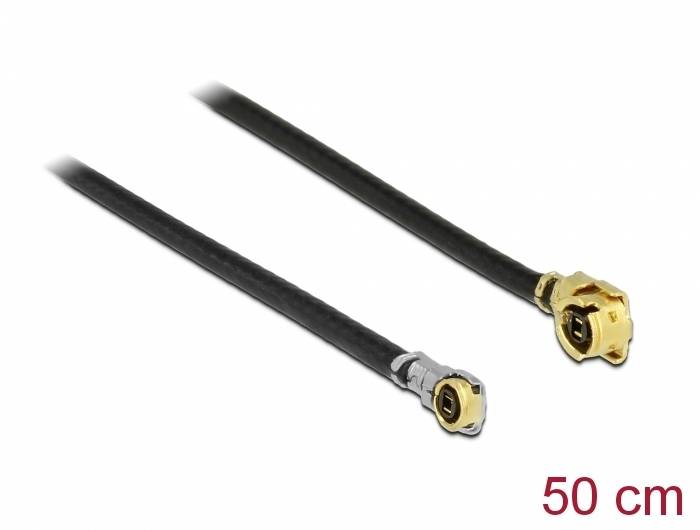 Deux câbles coaxiaux avec des connecteurs différents en couleur or et argent, une longueur de câble de 50 cm est indiquée.
