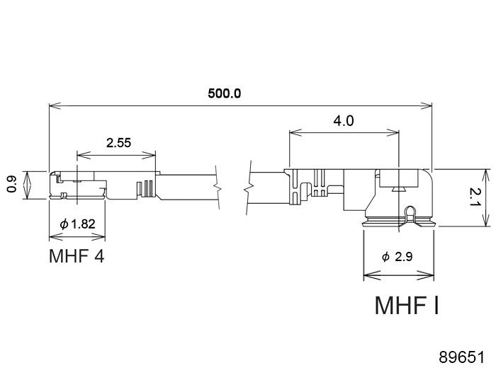 Dessin technique d'une pièce mécanique avec dimensions : Longueur 500, Largeur 2,55 à 4,0, Hauteur 0,9 à 2,1. Étiqueté 'MHF 4' et 'MHF I'.