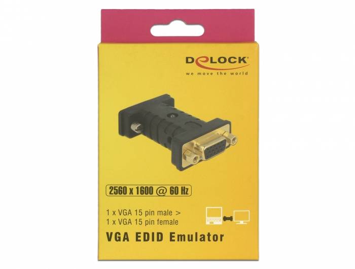 Un emballage jaune portant l'inscription 'Émulateur VGA EDID' présente un adaptateur VGA avec un connecteur VGA 15 broches.