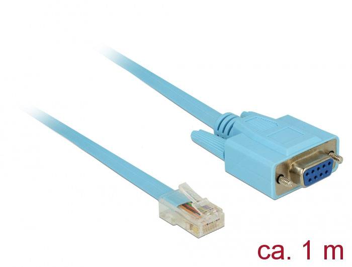 Câble console série bleu, connexion entre connecteur RJ-45 et connecteur D-Sub à 9 broches, longueur d'environ 1 mètre.