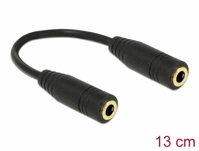 Câble répartiteur audio noir avec deux prises jack femelles, longueur 13 cm, adapté pour connecter des appareils audio.