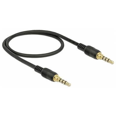 Un câble audio noir avec deux fiches jack stéréo dorées de 3,5 mm à chaque extrémité, utilisé pour les connexions audio.