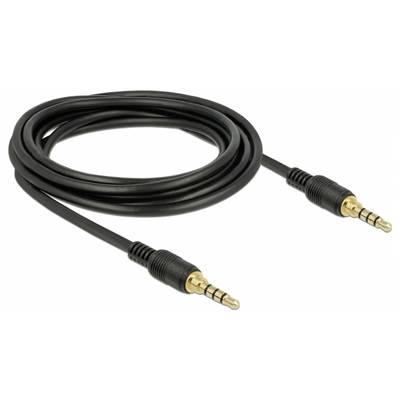 Un câble audio noir avec deux fiches jack stéréo dorées de 3,5 mm à ses extrémités, enroulé sur un fond clair.