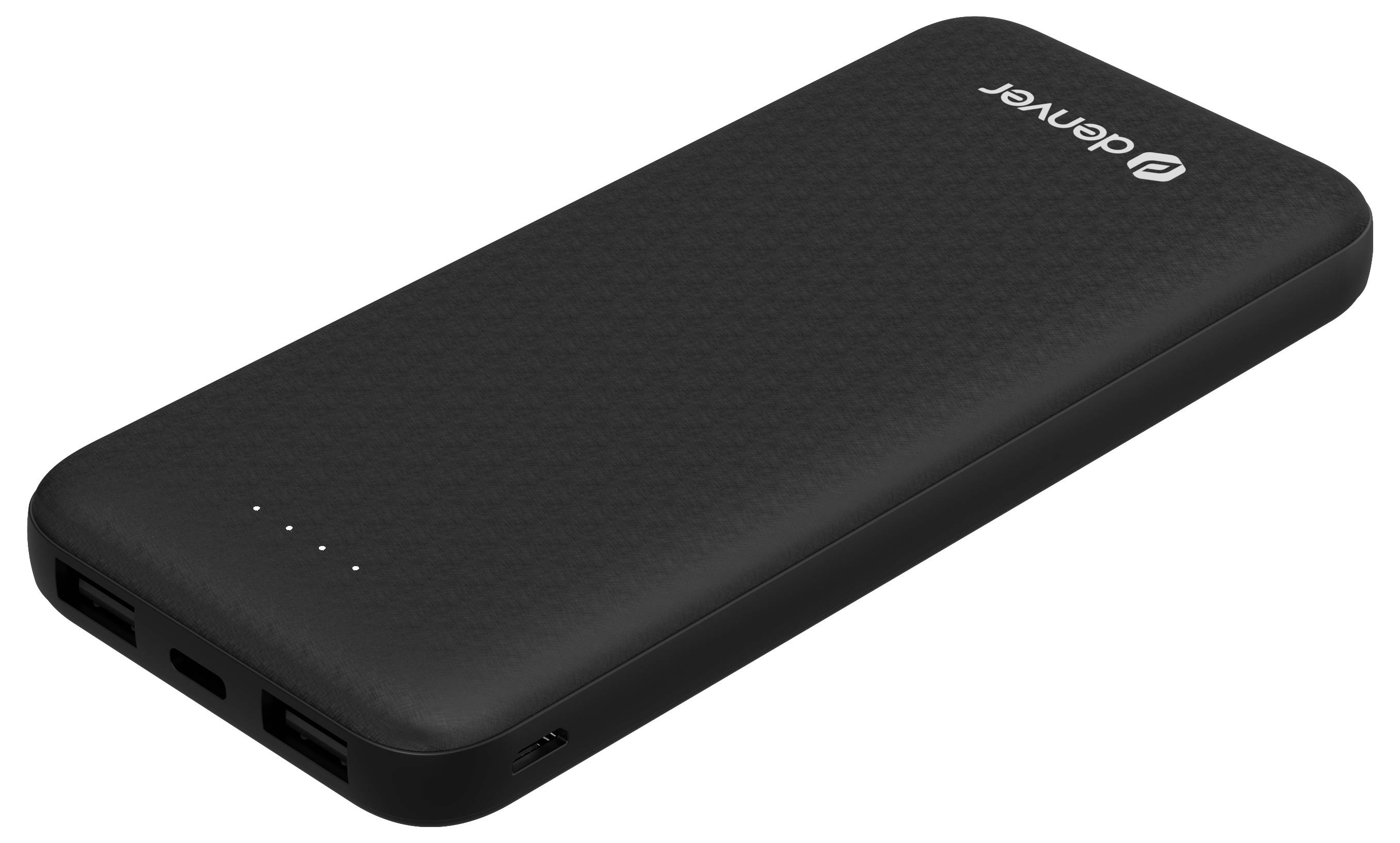 Batterie externe portable noire avec plusieurs ports USB et un logo sur le dessus.