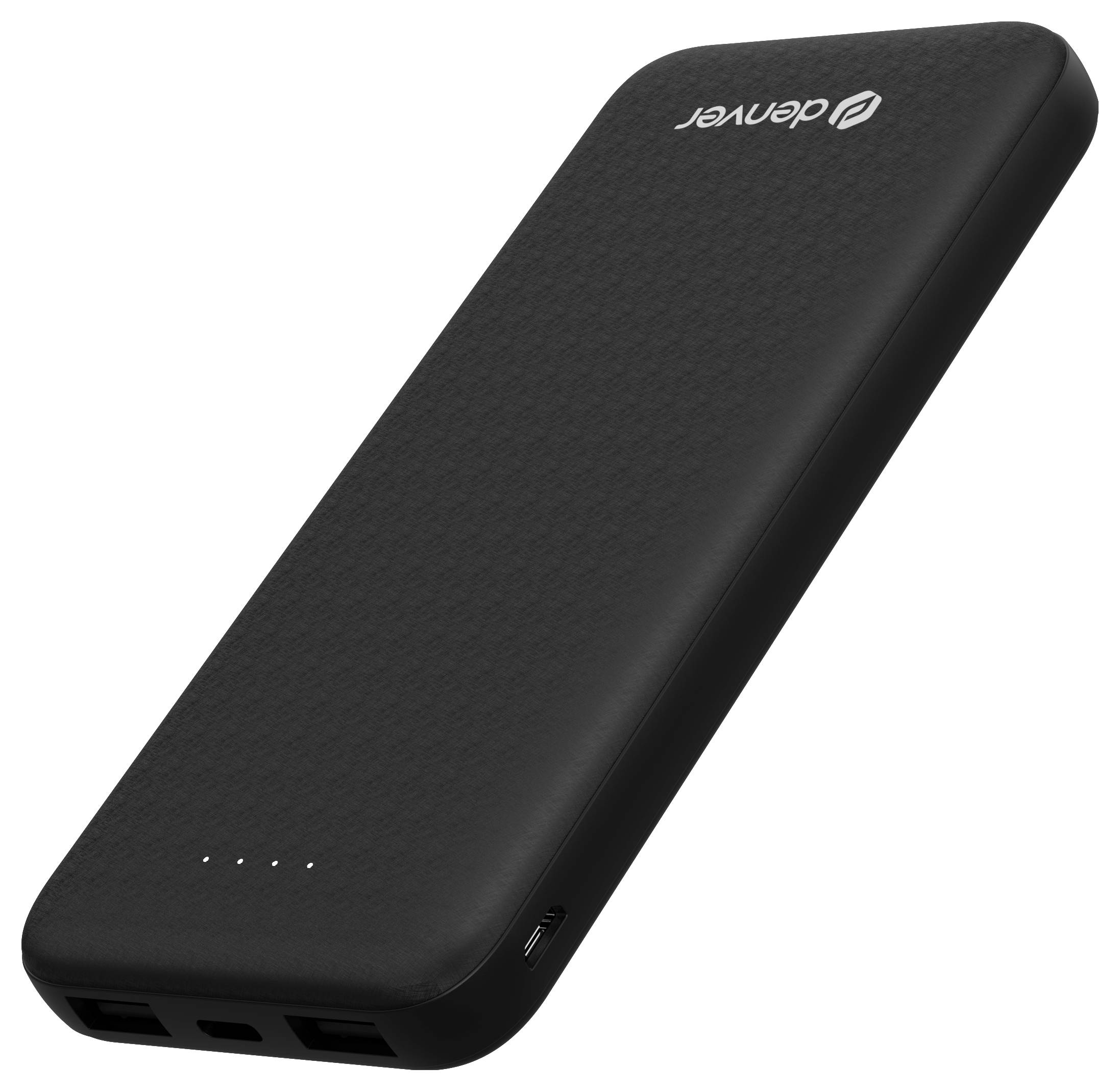 Batterie externe noire avec deux ports USB, affichage LED et logo marqué. Idéale pour charger vos appareils en déplacement.