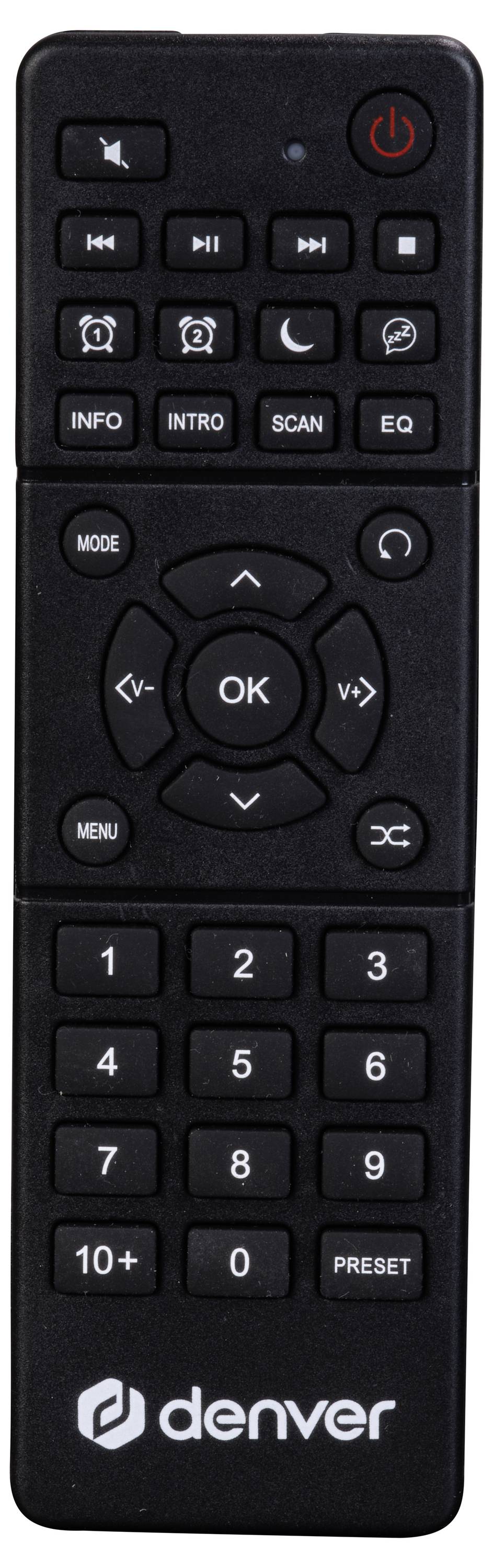 Télécommande noire avec touches de volume, de sélection de chaîne et de navigation dans les menus, touches numériques en bas, nom de marque 'denver' visible.
