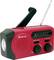 Radio portable rouge avec manivelle manuelle, haut-parleur, deux boutons rotatifs et antenne télescopique, adapté aux situations d'urgence.
