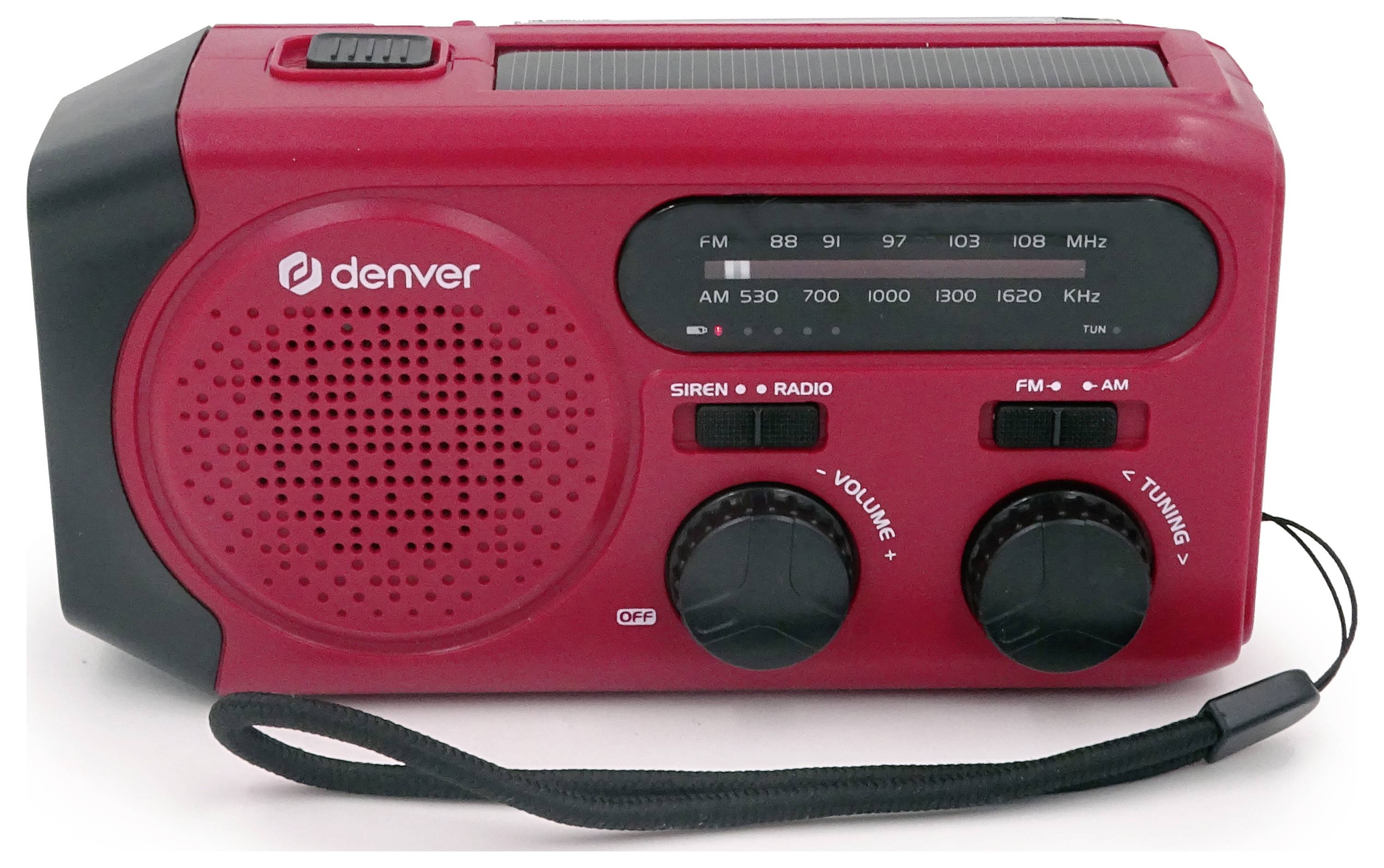 Radio portable rouge avec haut-parleurs, deux grands boutons rotatifs pour le volume et la sélection des stations, et une bandoulière.