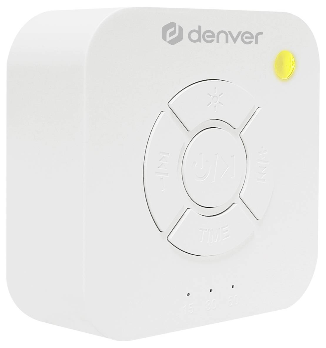 Un minuteur blanc carré avec un bouton central et un indicateur LED jaune. Le nom de marque 'denver' en haut à gauche.