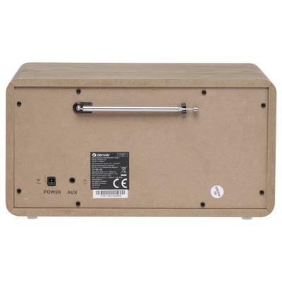 Vue arrière d'un poste de radio en bois avec antenne télescopique ; connexions pour l'alimentation électrique (POWER) et Aux ; étiquettes avec spécifications techniques.