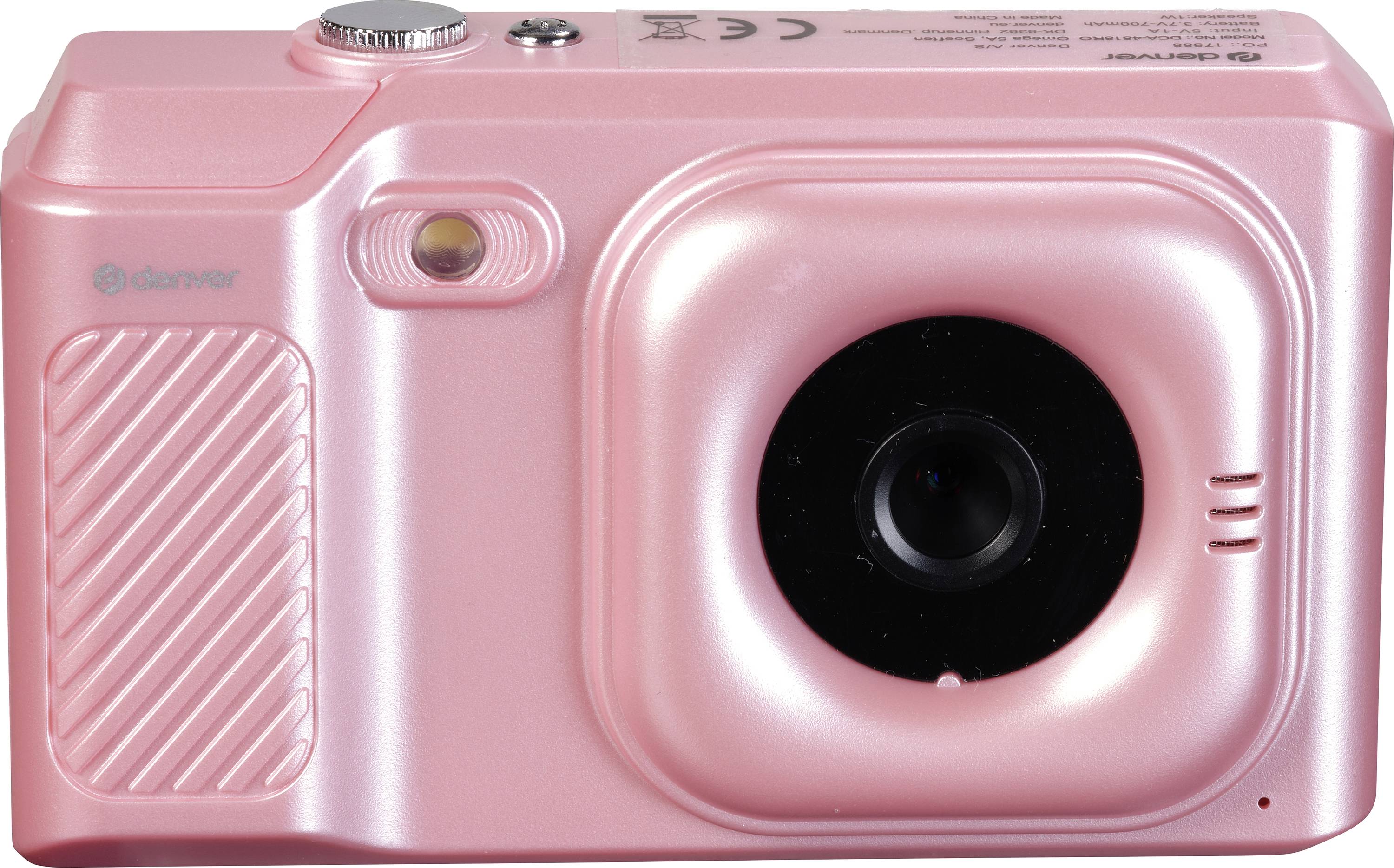 Un appareil photo numérique rose au design épuré avec un objectif rond.