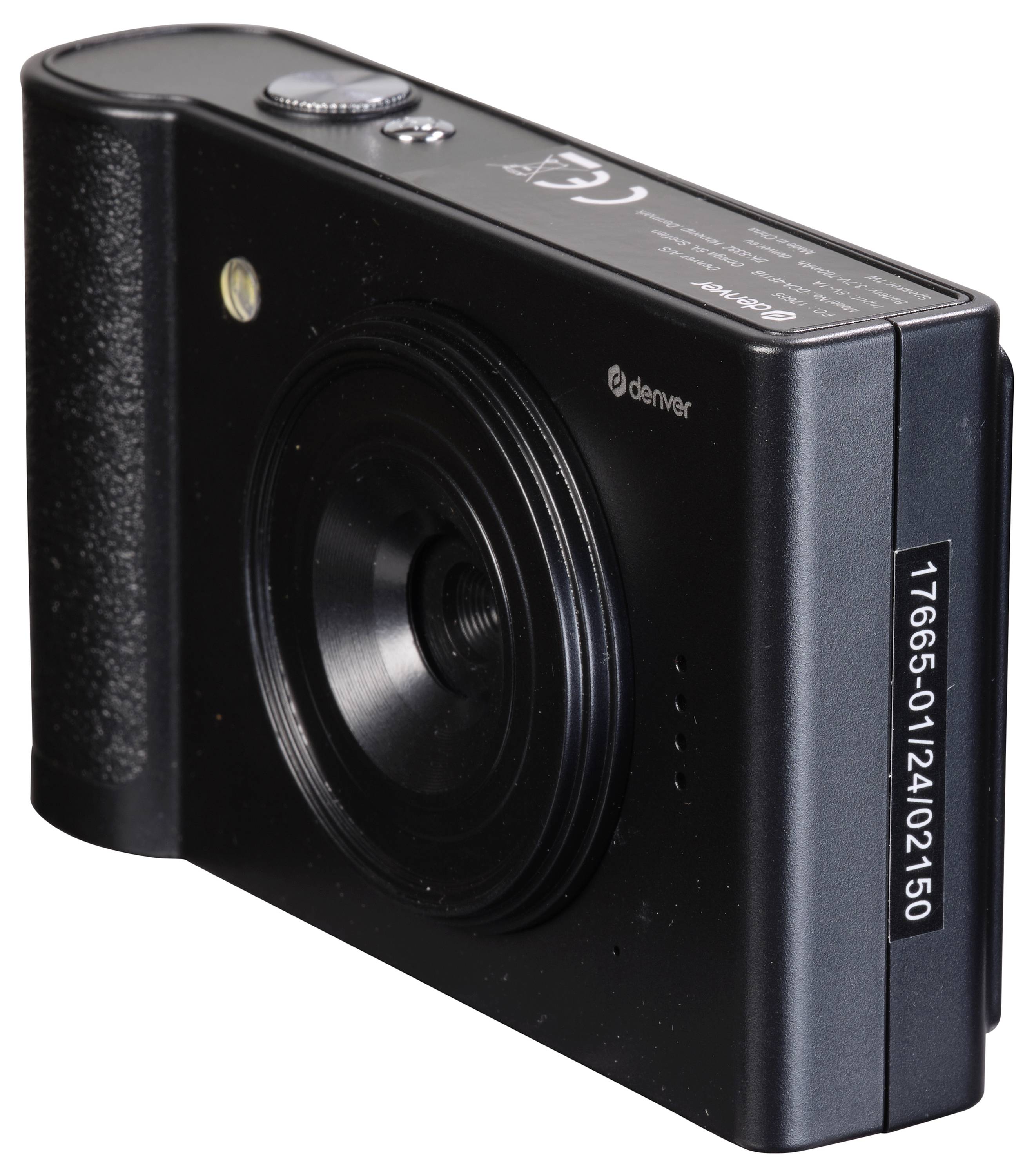 Appareil photo numérique noir avec objectif et boutons de commande sur le dessus, adapté aux passionnés de photographie.