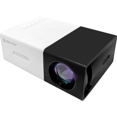 'Image d'un projecteur portable blanc et noir avec objectif visible à droite.'