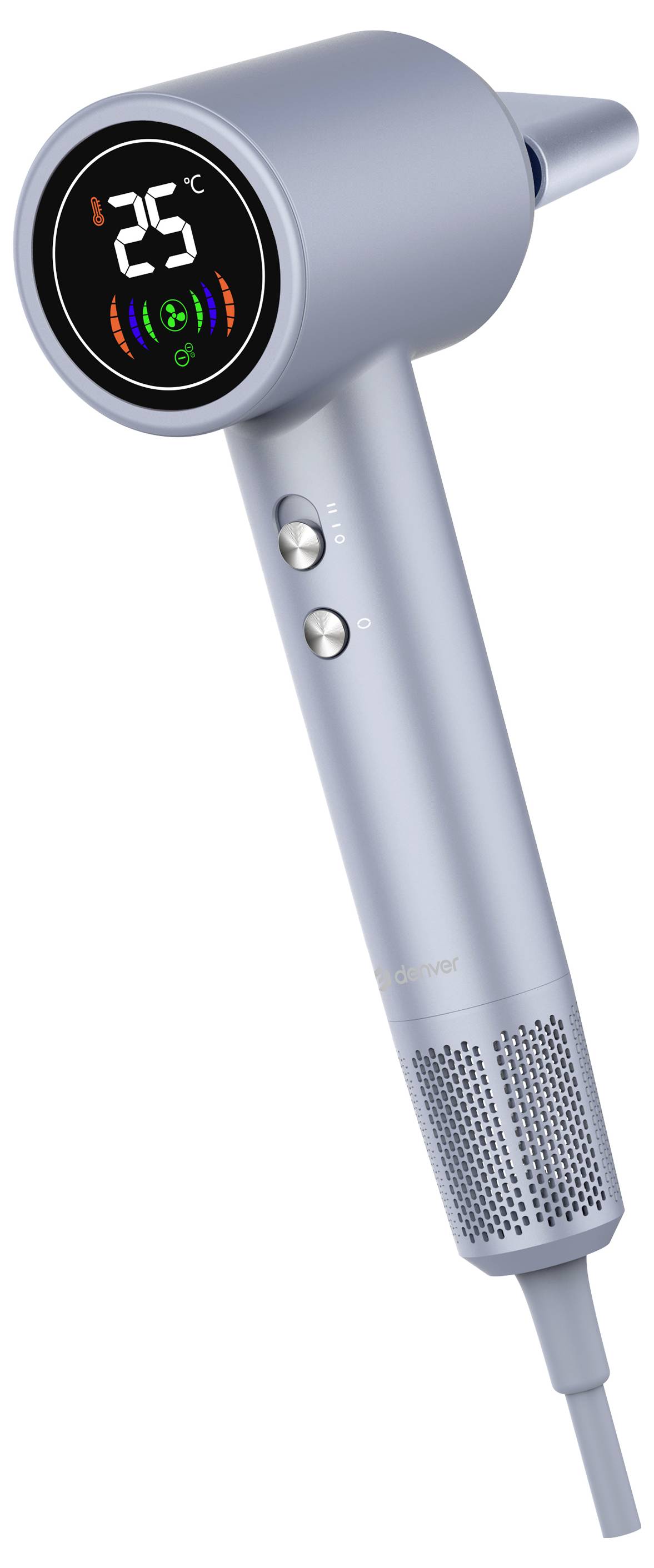 Sèche-cheveux moderne en argent avec écran numérique affichant une température de 25 degrés Celsius. Deux touches de commande.
