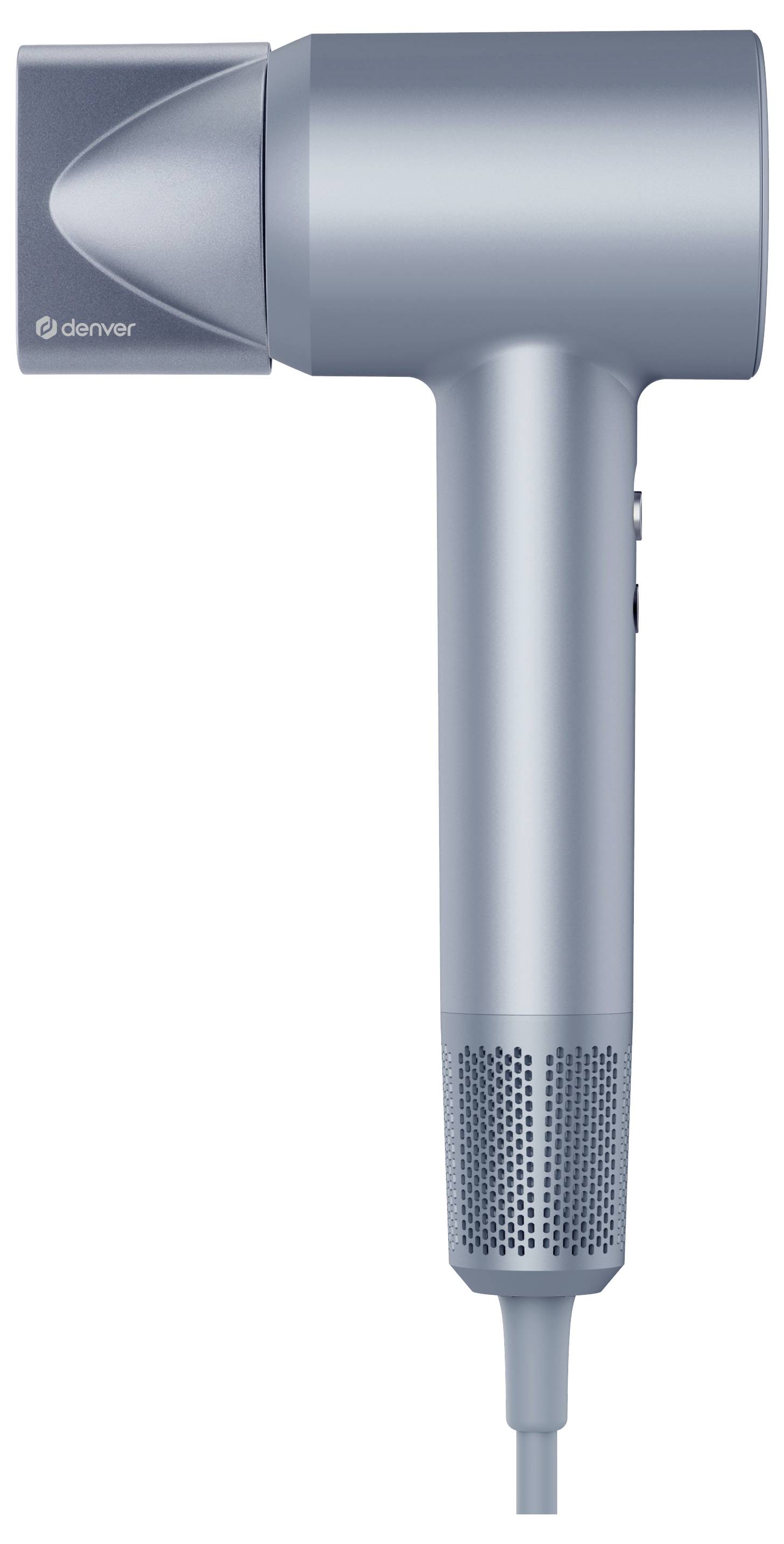 Un sèche-cheveux argenté au design lisse et moderne. L'appareil dispose d'une buse rectangulaire et de commandes latérales.