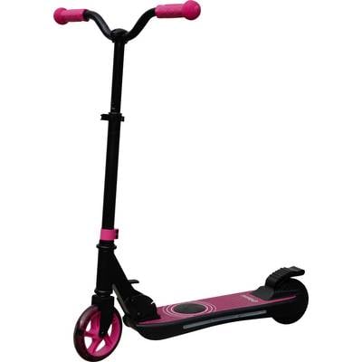 Un trottinette noir avec des poignées et des roues roses. Adapté pour le transport personnel ou les activités de loisirs.