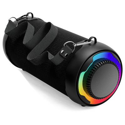 Enceinte Bluetooth portable de forme cylindrique avec anneau lumineux LED, incluant une bandoulière pour un transport facile.