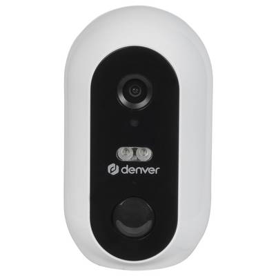 Caméra de surveillance blanche avec façade noire, objectif et capteurs, portant le nom de marque 'Denver' en dessous.
