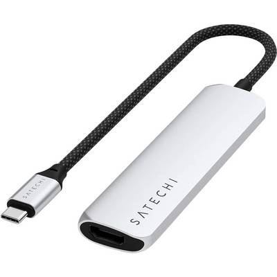 Adaptateur USB-C vers HDMI de Satechi. L'adaptateur dispose d'un boîtier argenté et d'un câble tressé.