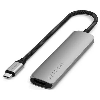 Un adaptateur USB-C de Satechi, couleur argent, avec port HDMI et câble tressé.