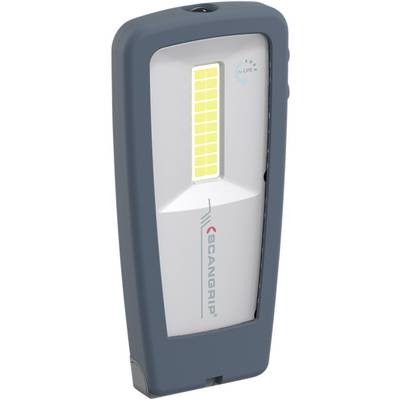 Lampe de travail portable LED de Scangrip dans un boîtier gris, verticale, avec une bande lumineuse centrale allumée.