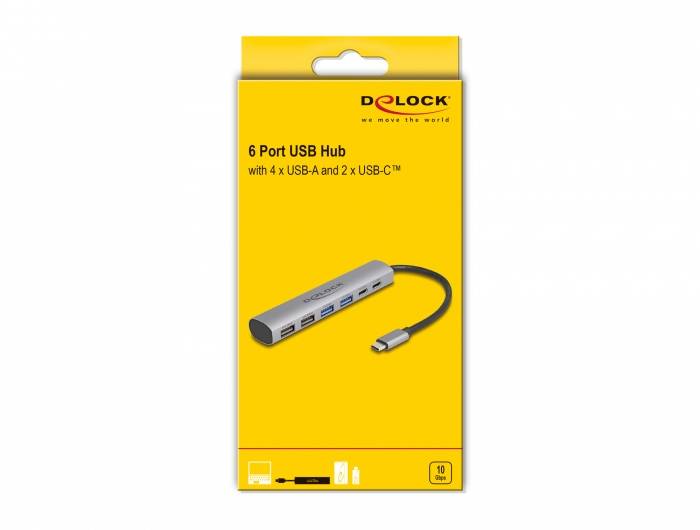 Delock 64232 Hub USB 4+2 ports USB-A, USB-C® USB 3.2 Gen2 10 GBit/s avec fiche mâle USB-C gris 64232-3