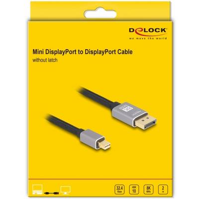 Câble DisplayPort Mini vers DisplayPort sans loquet - face avant de l'emballage jaune avec illustration du câble ; résolution 8K, longueur de 2 mètres.