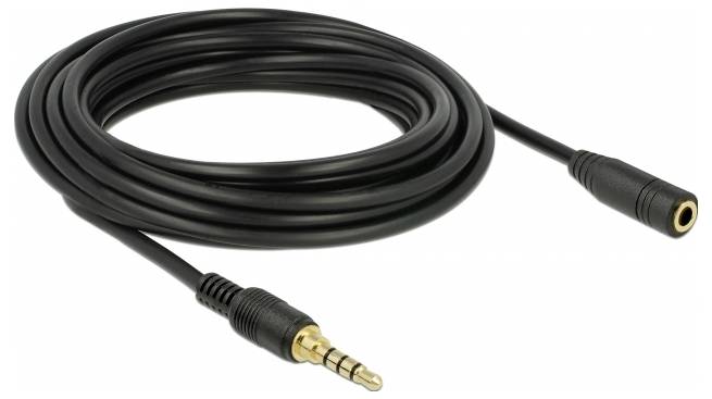 Un câble audio noir avec une fiche jack de 3,5 mm et un connecteur, montré dans toute sa longueur sur un fond blanc.