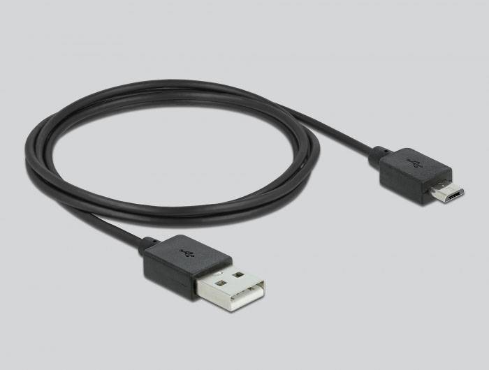 Un câble de données USB noir avec un connecteur USB standard d'un côté et un connecteur Micro-USB de l'autre côté.