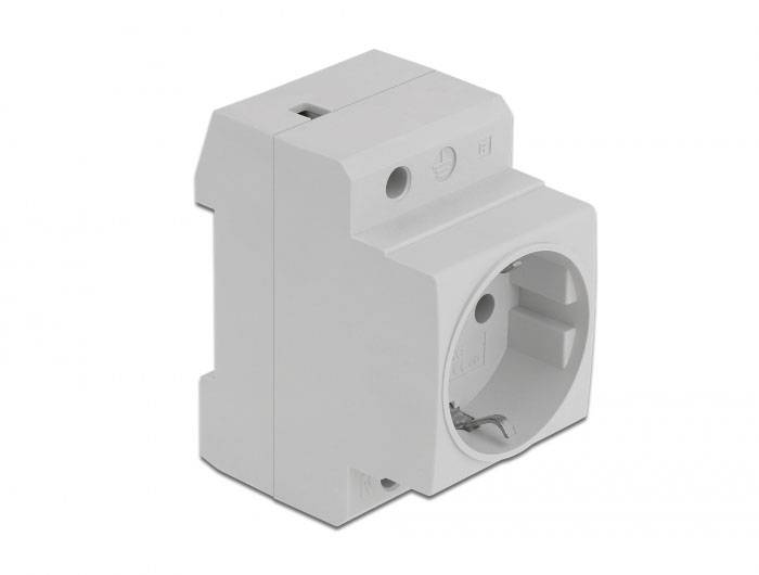 Prise blanche pour montage sur rail DIN, illustrée de côté et de face. Adaptée pour une utilisation dans les armoires électriques.