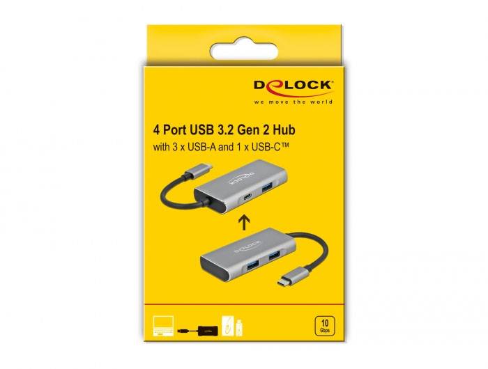 Delock 63261 Hub USB 3+1 ports USB-A, USB-C® USB 3.2 Gen2 10 GBit/s avec fiche mâle USB-C noir, gris 63261-4
